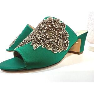 Green Satin Mules Embellished Detailing US 6.5 / 7 EU 37 Spain Prom Easter